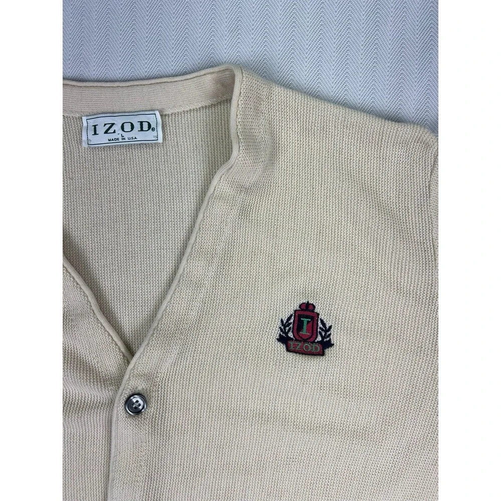 Vintage IZOD Cardigan Sweater L Made In USA Cream Knit‎ Crest Logo Preppy 80’s